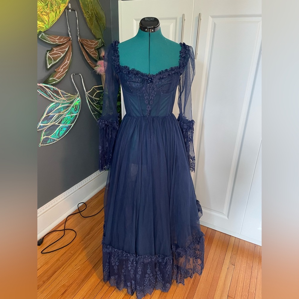Widow X Dolls Kill Navy Blue Dance With Death Gothic Lace Sheer Maxi Dress M